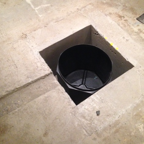 Sump Chamber is cut in preparation for the sump, pump and basedrain to be installed. 